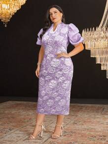 Modelyn 大码 V 领泡泡袖连衣裙，优雅晚会长裙 - 紫色 - 查看 4