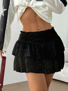 TRNVIE Women Lace Ruffle Hem Ruched Skirt