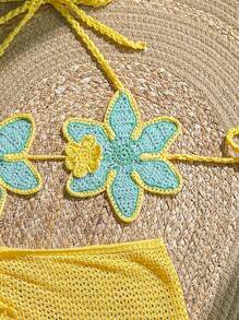 SHEIN Swim Mod 女士迷人花卉钩编披肩/罩衫，搭配裙子 - 彩色 - 查看 3