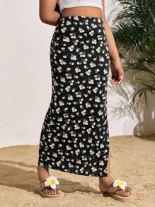 SHEIN 青少年女孩时尚休闲度假黑白碎花松紧腰半身裙