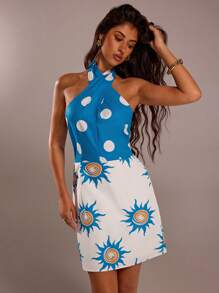 Forever 21 Women's Polka Dot Print Cross Neck Fashion Mini Dress - Blue - View 5