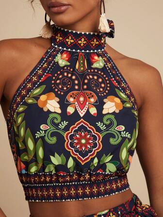 Travachic Vacation Casual Plant Print Halter Cropped Tank Top, Suitable For Holiday Date, Afternoon Tea, Wedding Season, Beach Cruise Vacation, City Road Trip Vacation, Boho Vacation, Music Festival ,Elegant Tops For Women