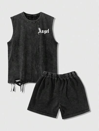 Goth Set de 2 piezas con parte superior tipo chaleco con estampado de alas y letras desgastado y shorts con cintura elástica
