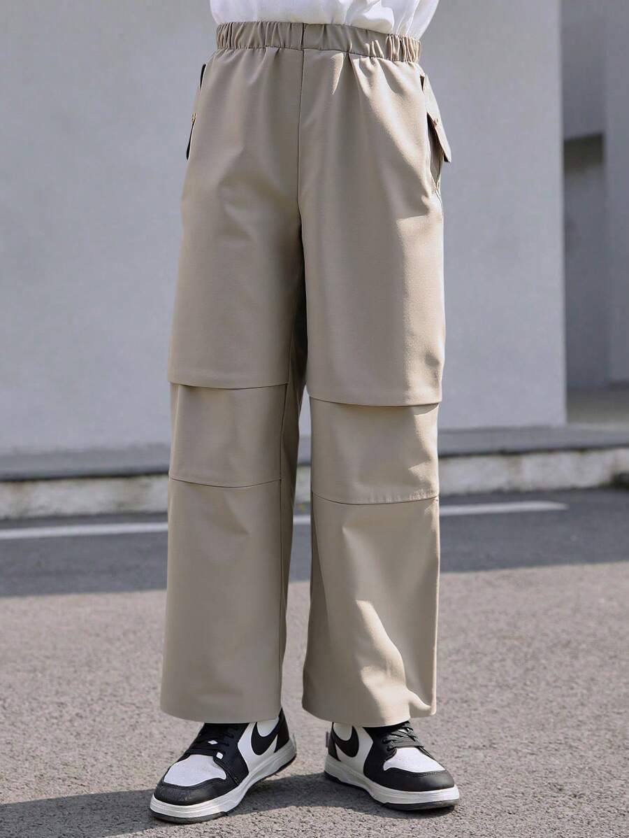 SHEIN Tween Boy Solid Color Elastic Waist Loose Wide Leg Long Pants - Grey - View 1
