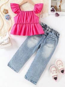 SHEIN Genkimix Kids Young Girl 2 Pieces Set: Light Blue Denim Cap Sleeve Blouse Top And Light Blue Denim Jeans, Adorned With 3D Floral Plush Decor, Fashionable Casual Style For Daily, Outdoor Wear, School, Campus, College Summer Holiday - Pink - View 5