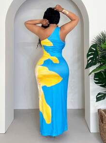 Veslaya Plus Size Slim Fit Long Casual Shoulder Print Vacation Dress, Spring/Summer - Blue - View 9