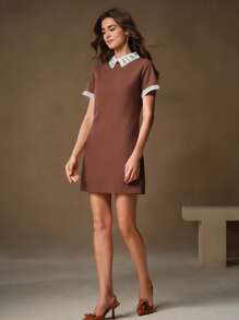Anewsta Elegant Rhinestone & Pearl Embellished Lapel Maillard Color Dress For Women - Rust Brown - View 6