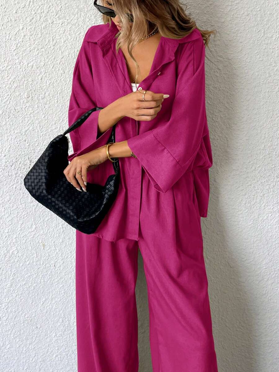Aveloria Modichic 2 件套女士混合侧开叉宽松衬衫和高腰阔腿裤优雅商务休闲女士 - 玫紅色 - 查看 1