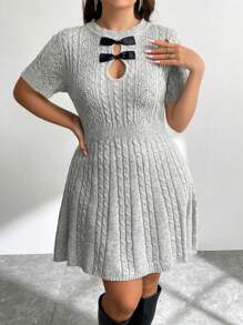 SHEIN Privé Plus Size Elegant Commute Workplace Intelligent High-End Venue Afternoon Tea Slightly Sexy Date Concert Party Round Neck Chest Bow Decor Cable Knitted Short Sleeve A-Line Academy Style Dress - Grey - View 7