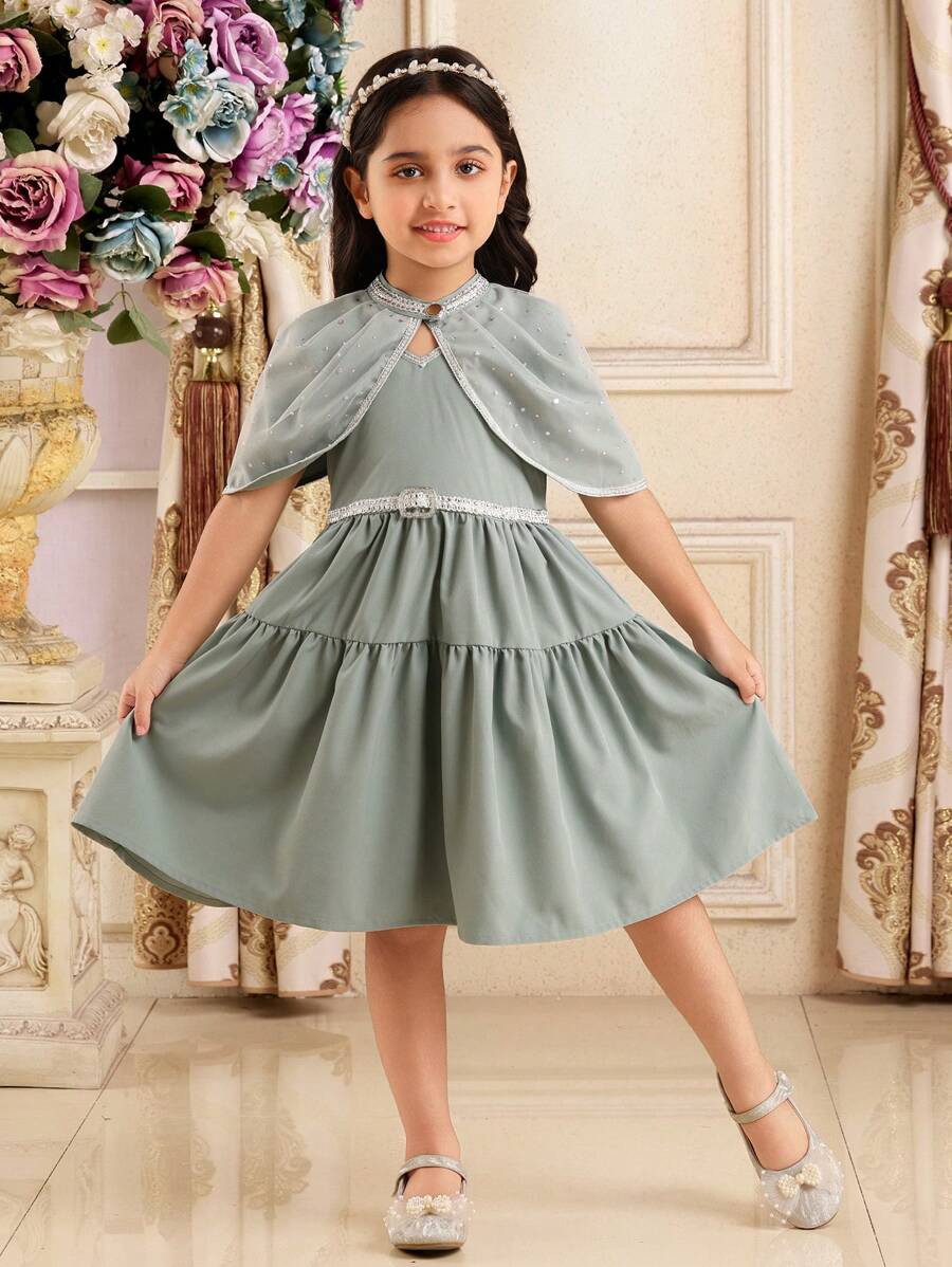 SHEIN 2pcs/Set Young Girl Gorgeous Princess Dress With Shiny Mesh Cape, Bow Waist Belt, Luxury High-End Summer Cover-Up