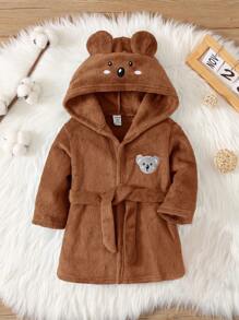 SHEIN 男婴可爱动物图案长袖连帽法兰绒浴袍，秋冬 - 棕色 - 查看 1