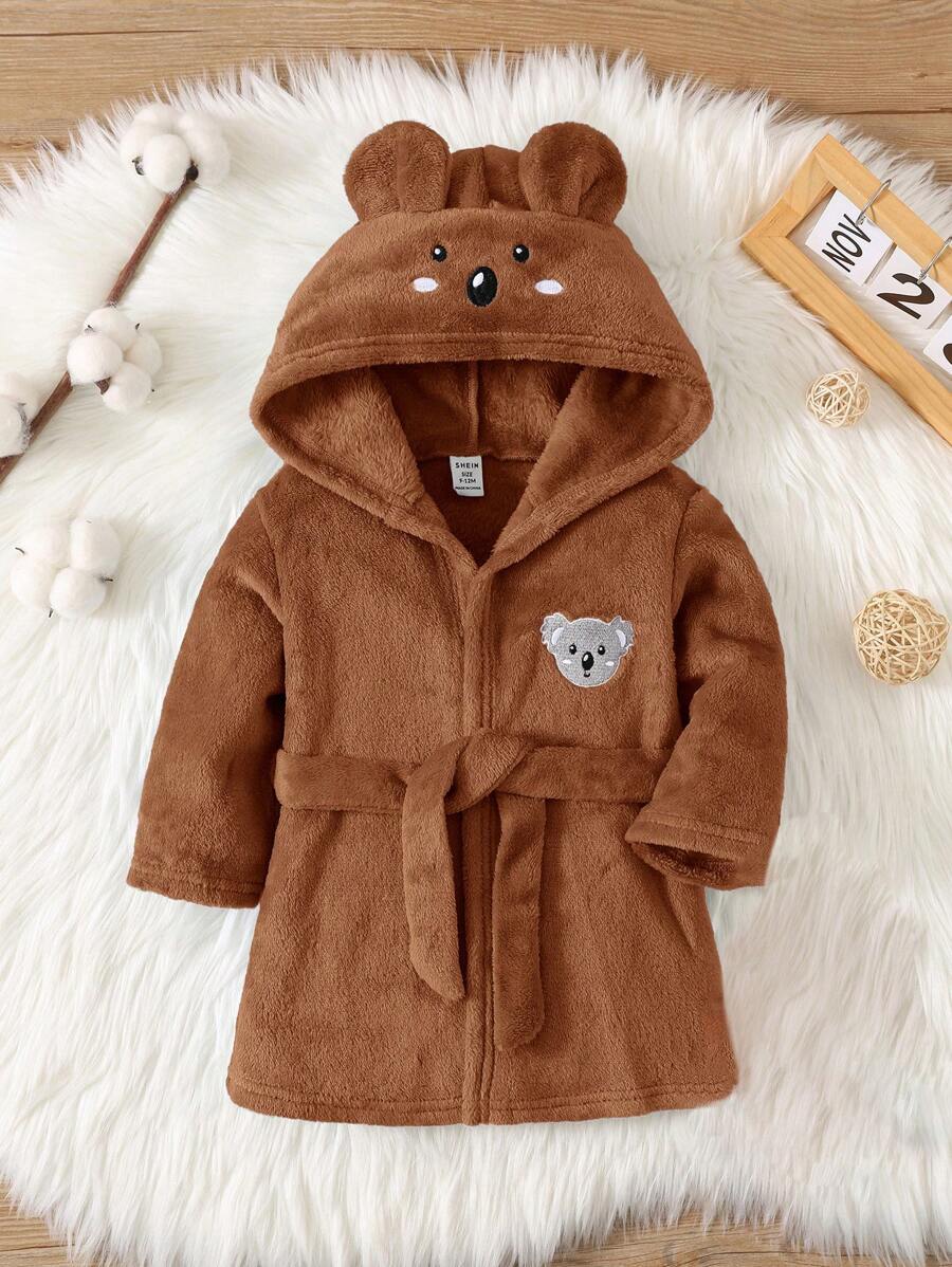 SHEIN 男婴可爱动物图案长袖连帽法兰绒浴袍，秋冬 - 棕色 - 查看 1