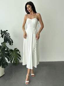 Firerie Vestido línea A con decoración floral blanca, elegante, minimalista, precioso y romántico con cintura alta, adecuado para uso diario, citas, fiestas, vacaciones