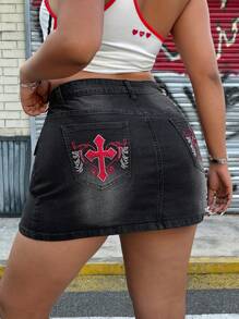 SHEIN ICON Plus Size Spring And Summer Cowgirl Outfits Coachella Concert Festival Beach Holiday Special Washed Denim Mini Skirt, Simple And Fashionable, Suitable For Summer Vintage Grunge Punk  Embroidered Pocket Sexy Denim Skirt