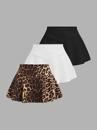 SHEIN Set di 3 shorts casual e minimalisti con stampa leopardata in bianco e nero per ragazze pre-adolescenti