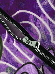 PAVTROS Manfinity Streetrush Men's Blue Sunflower Letter & Horse Icon Print Zip Up Shirt , Men Rave Shirt , Streetwear Shirts - Multicolor - View 4