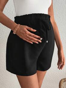 SHEIN Shorts holgados con cintura ajustable y volantes de unicolor para embarazadas