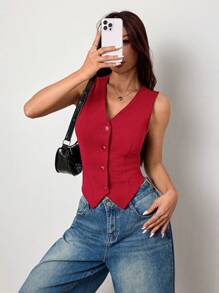 K-Vae Chaleco de mujer de punto ajustado de unicolor con cuello en V para otoño/invierno - Rojo - Ver 3