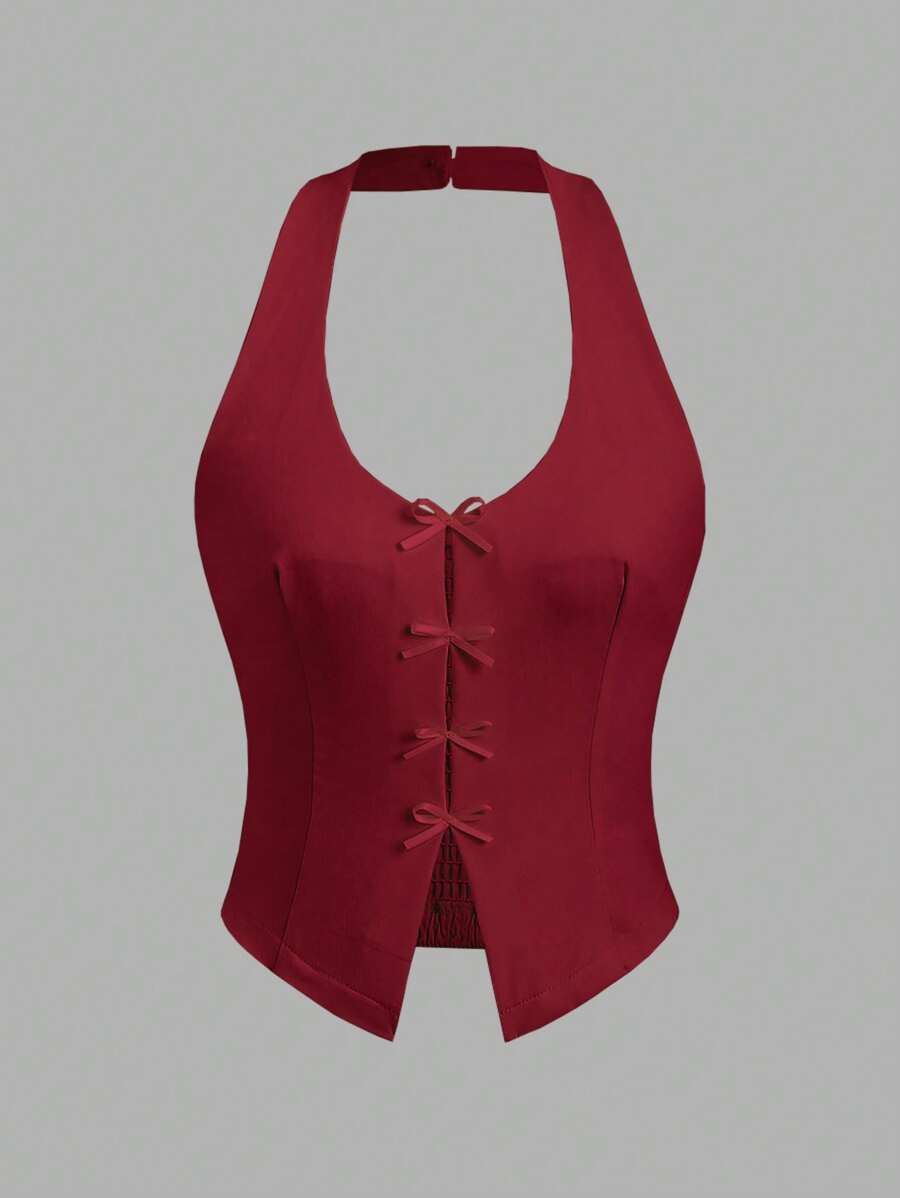 Sweetra 女士优雅纯色蝴蝶结露背吊带上衣 - 紅色 - 查看 1