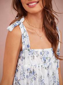 WESTFADE Robe Babydoll Cowgirl Décontractée d'été avec Encolure Carrée, Bretelles nœud Papillon, Dos Smocké, Imprimé Floral Ditsy en Mousseline de Soie Dévorée et Jersey Matelassé sans Manches, Parfait pour le Printemps, Pâques et les Vacances