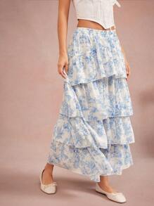 WESTFADE Summer Toile Printed Chiffon Smocked High Waist Ruffle Tiered Skirt Spring Break Vacation Brunch