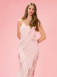 SHE(IN) BRASIL Solid Stereo Floral Cami Dress - Pink - View 4