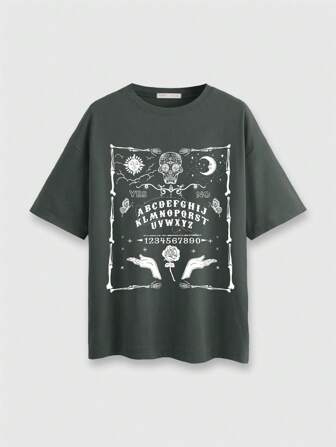 Goth Camiseta holgada de cuello redondo con estampado gótico vintage, verde