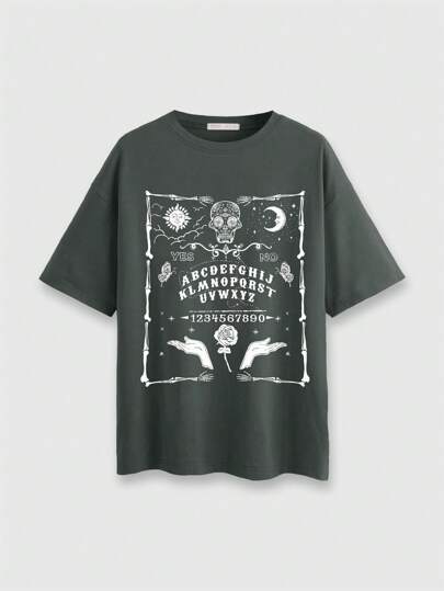 Goth Camiseta holgada de cuello redondo con estampado gótico vintage, verde