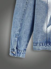 Manfinity Homme Men's Black Washed Denim Loose Star Graffiti Jacket - Light Wash - View 4