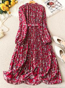 DreamSkyne 大码女式碎花荷叶边圆领长袖褶皱优雅连衣裙，秋季长款女装 - 紅色 - 查看 2