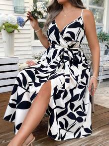 Breezaya Plus Size Floral Print Crossover V-Neck Waist Tie A-Line Slip Dress - Multicolor - View 5