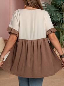 Rosumi Áo sơ mi tay bèo nhún chắp vá cỡ lớn thường ngày, thích hợp mặc hàng ngày - Nhiều màu - Xem 8