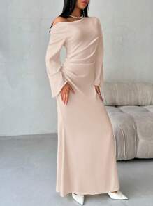 Aloruh Light Pink Elegant Satin Asymmetric Ruched Flare Long Dress With Cinched Waist, Suitable For Valentine's Day,Pastel Dresses For Women - Khaki - View 3