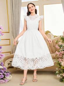 Elegante Vestido de Verão Branco de Renda com Babados e Mangas Curtas para Adolescentes, Vestido Longo Branco Gracioso e Adequado para Festa, Encontro, Passeio - Branco - Visão 4