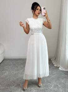 Elenzga Women's Summer Lace Splice Pleated Long Dress (Floral Pattern Asymmetric Cut) - White - View 6