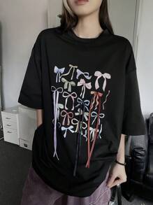 DAZY Camiseta casual de verano con cuello redondo, lazo y estampado, con cordón para mujeres y niñas, camiseta holgada y linda