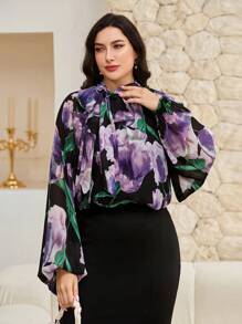 Modelyn Plus Size Elegant Floral Print Lantern Sleeve Shirt - Multicolor - View 4