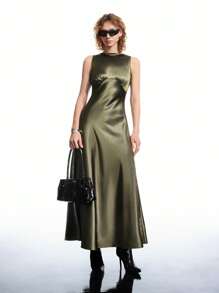 LYSMO Women's Solid Color Round Neck Backless Ruched Sleeveless Elegant Maxi Satin Dress - Brown - View 3