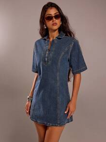 Forever 21 春季新款 V 领深色洗水 H 型高街女式牛仔连衣裙 - 深色水洗藍 - 查看 6