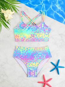 SHEIN Tween Girl Ombre Leopard Print Swimwear Set Summer Pink Swim Bohemian Summer Holiday Cute - Multicolor - View 6