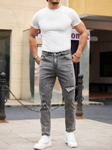 Manfinity Homme Men's Fashion Black & Grey Ripped Jeans - Grey - View 5