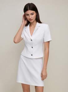 BizChic White Elegant Office Wear Ladies Short Sleeve Button Blazer Suit Set, Suitable For Spring/Summer And Graduation Season - White - View 4