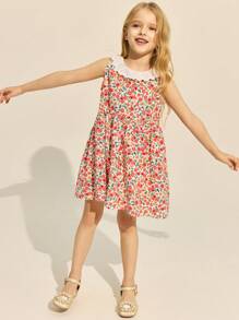 SHEIN Young Girls' Elegant Ditsy Floral Print Woven Ruffle Collar Dress, Spring/Summer - Multicolor - View 3
