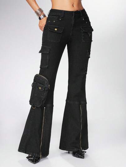 Grunge Punk Jeans évasés à taille basse ajustés avec clous, couleurs contrastées, style vintage pour concert Y2K