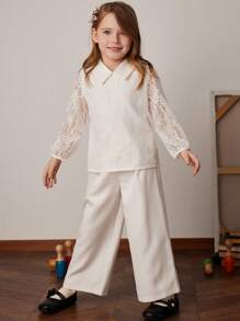 PrepCrw Young Girls Lace Polo Collar Top And Woven Pants Set, White, Spring/Summer - White - View 3