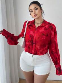 Elenzga Plus Size Bloemen All Over Print Lantaarn Mouw Losse Casual Shirt