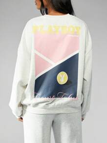 Missguided x Playboy Logo Bunny Print Oversized Sweatshirt - Light Grey - View 7