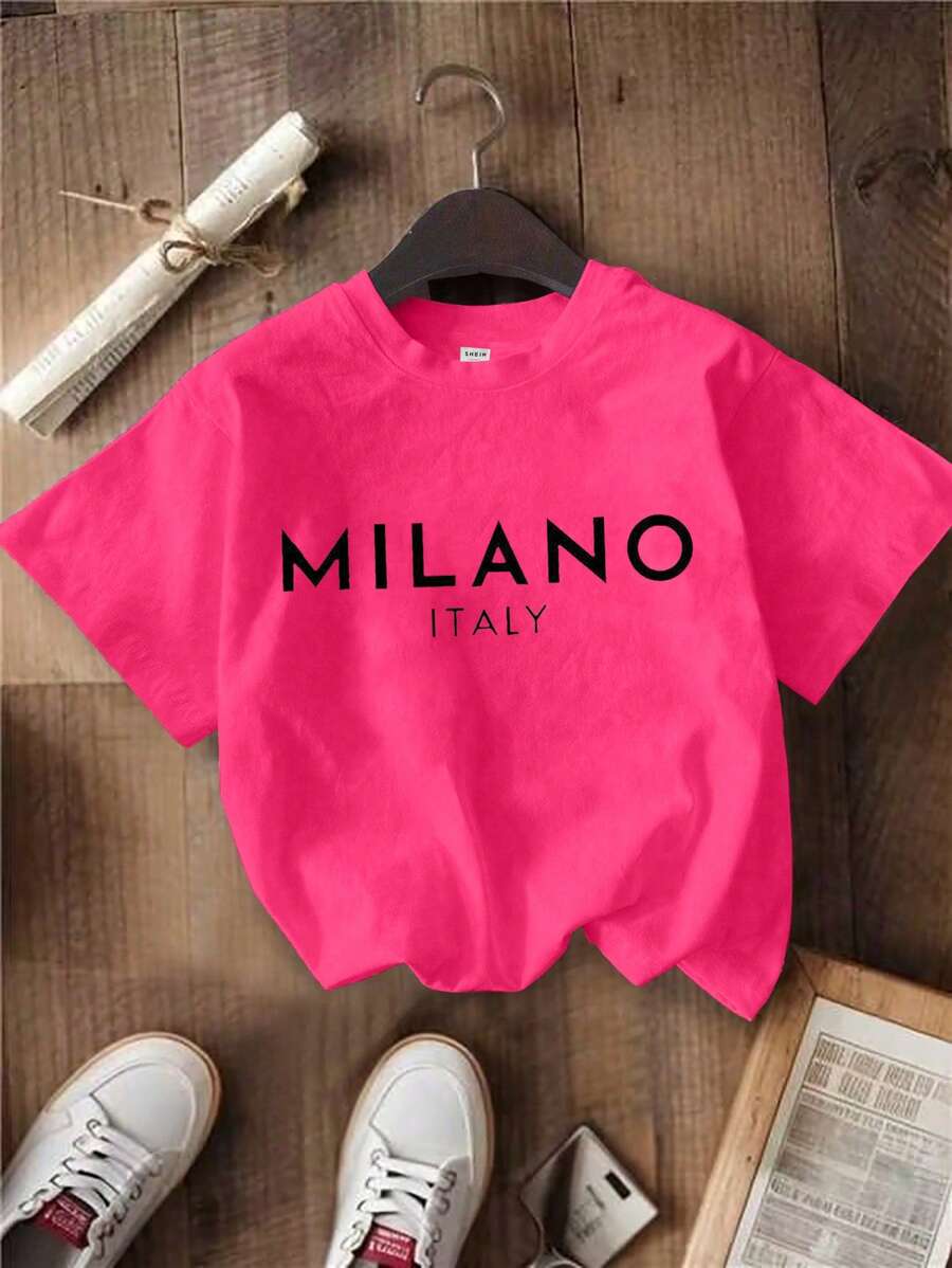 SHEIN Summer New Young Girls Casual Pink Short Sleeve T-Shirt - Hot Pink - View 1