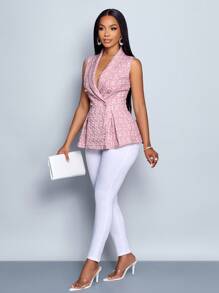 SOLERSUN Elegante sjaalkraag voor dames, dubbele rij knopen, geplooide zoom, V-hals, mouwloos, open voorkant, blazer