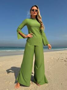 SHEIN Swim Mulvari Women's Solid Color Long Sleeve Bikini Top, Minimalist & Fashionable For Summer - Olive Green - View 3